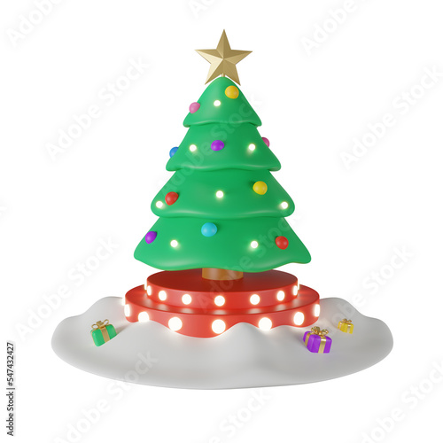 3D Christmas and New Year Podium LED Lighting on Snow. Tree With Podium and Lighting LED.Tree, Balls, Star.