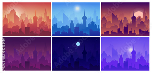 Morning city. Day and night cityscape. Sunrise sky at afternoon time. Downtown sunset view. Daytime or nighttime landscapes set. Dusk and midnight scenery. Vector cartoon illustration
