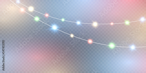 Christmas lights isolated on transparent background. Shining Christmas garlands with sparks. For congratulations, promotional invitations, new year design web banners. 2023