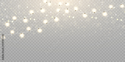 Christmas lights isolated on transparent background. Shining Christmas garlands with sparks. For congratulations, promotional invitations, new year design web banners. 2023