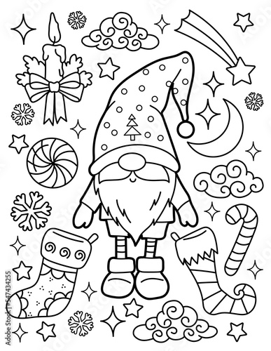 Christmas gnome with decorations. Christmas and New Year. Coloring book for children. Black and white vector illustration.