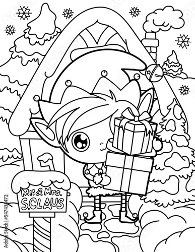 Elf carries gifts near Santa s house. Christmas and New Year. Coloring book for children. Black and white vector illustration.