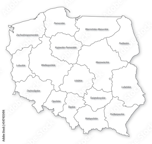 Simple map of Poland with voivodeships names isolated with transparent background. Illustration from vector. photo