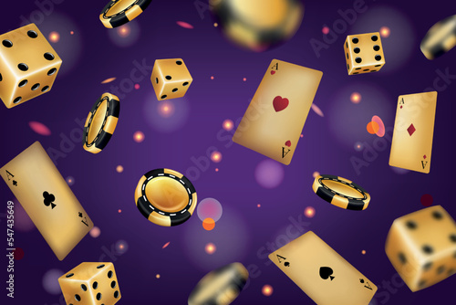 Casino background. Golden poker chips. Black playing cards. Throw gambling dices. Falling money in gamble game. Gold bet or blackjack ice. Vegas entertainment. Vector realistic illustration