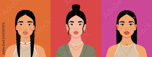 A collection of avatars for social networks. Beautiful women with combination of traditional and modern hairstyles and jewels. Variety of culture and beauty concept. 