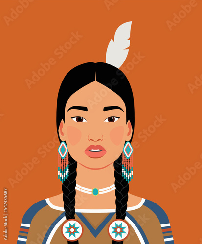 Beautiful Native American woman wearing traditional clothes and jewels, with her hair in pigtails Art representing the indigenous population. Flat cartoon vector portrait of a pretty character.