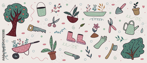 Hand drawn doodle wide colorful garden set. Includes garden supplies for growing plants and garden decoration.
