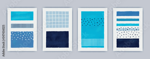 Abstract line paint, geometric art collection. Minimalist sea and sky texture, creative blue wall pattern, room artwork. Contemporary posters. Blue stripes. Vector decoration design