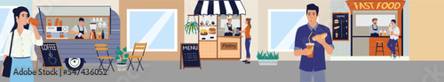Small business. Snacks retail city marketplace. Outdoor shops. Vendors behind counters sell pastry and coffee. Street food kiosk. People with hotdogs and drinks. Vector illustration