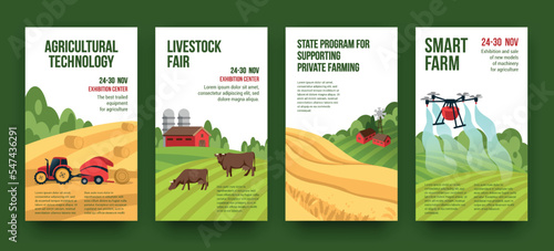 Agriculture farm land. Harvest backgrounds. Flyers design with farmer field. Livestock fair. Countryside agricultural landscape. Support programs. Robot drone. Vector banner scenes set