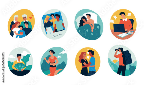 Happy people life. Family and friends portraits. Man working and traveling. Human characters activities set. Woman health and education. Couple dating. Business comfort. Vector flat concept