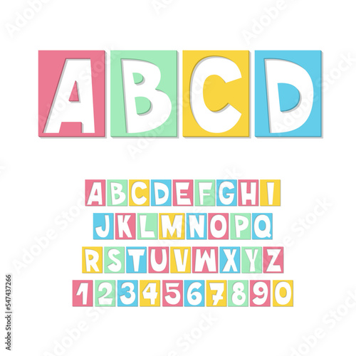 Kids Cards Alphabet. Bright colorful school font. Kindergarten Craft Letters and numbers.