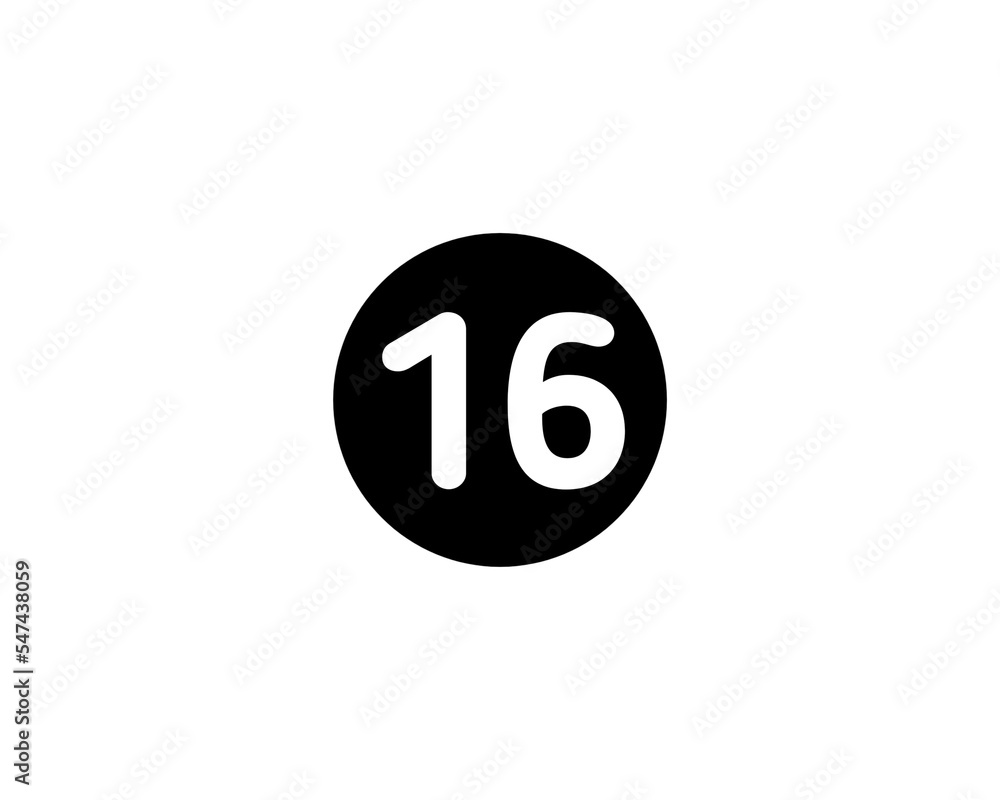 An Illustrated number 16 Flat Black Color Icon Isolated on white Background An Illustrated number 16 Flat Black Color Icon Isolated on white Background