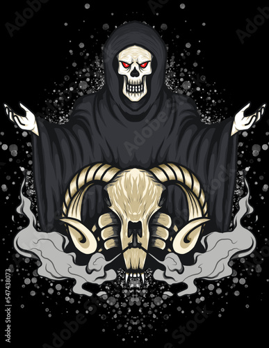illustration of the angel of death praying and the skeleton of an offering animal~2