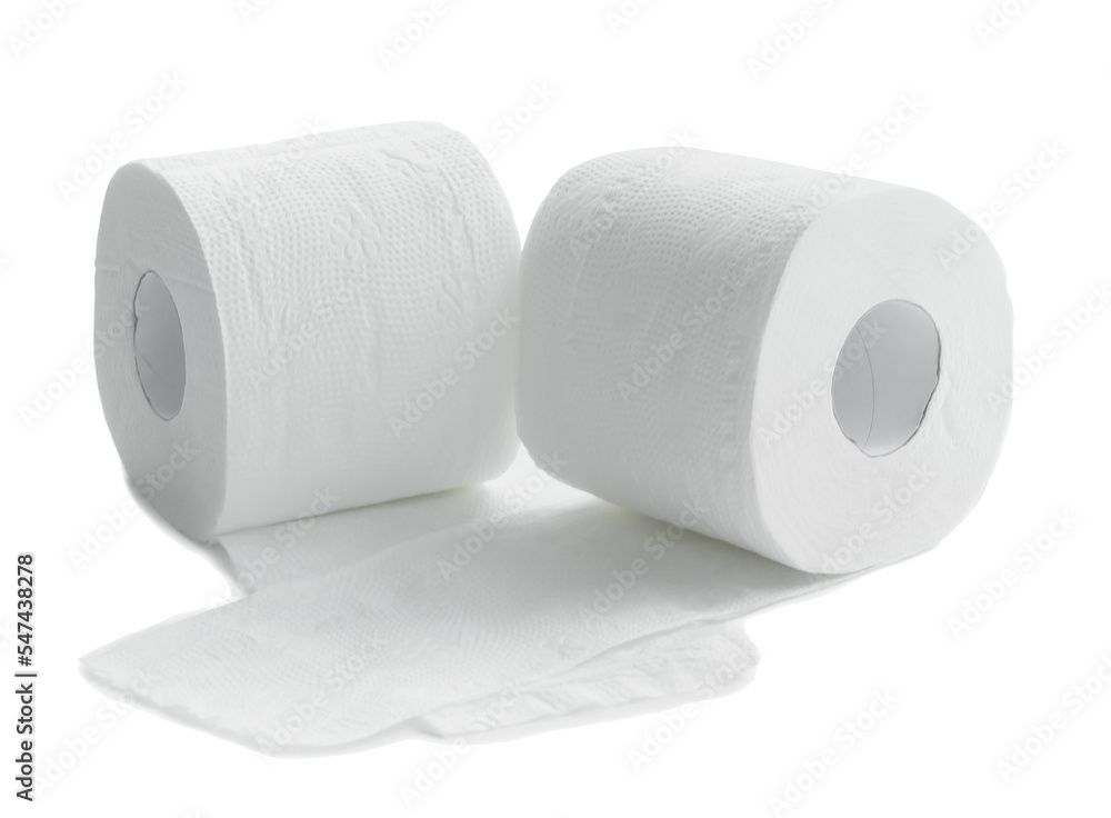 two rolls of white tissue paper or napkin for use in toilet or restroom isolated on white background in png file - obrazy, fototapety, plakaty 