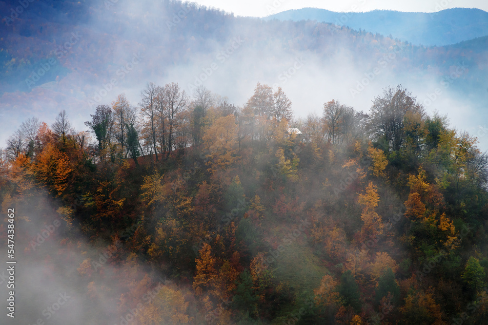 autumn scenery,morning foggy landscape in northeastern Bosnia