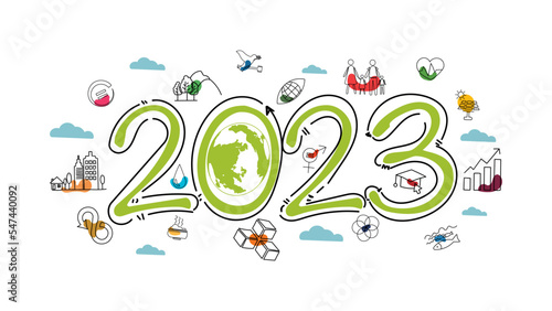 Year 2023 Sustainable Development concept with hand drawing doodle icon cartoon. Happy New Year 2023. Template design, card, banner. Vector illustration.
