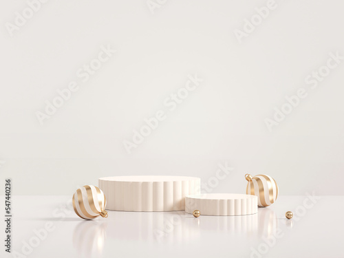 3D rendering off white product display stands with baubles on light beige wall background. Minimal realistic luxury Christmas or winter sale presentation scene.