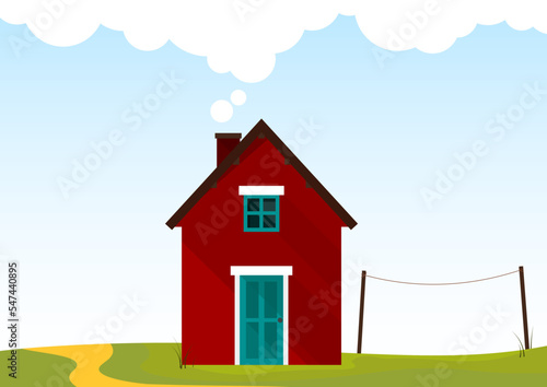 Small red Scandinavian house with chimney smoke