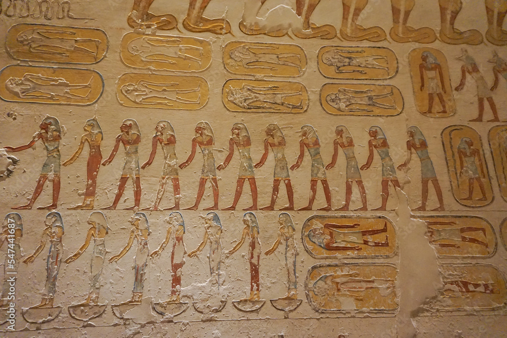 Luxor, Egypt: Detail of artwork in Tomb KV2, the burial place of pharaoh Rameses IV in the Valley of the Kings, on the West Bank of the Nile River. Luxor, Egypt: Detail of artwork in Tomb KV2, the burial place of pharaoh Rameses IV in the Valley of the Kings, on the West Bank of the Nile River.