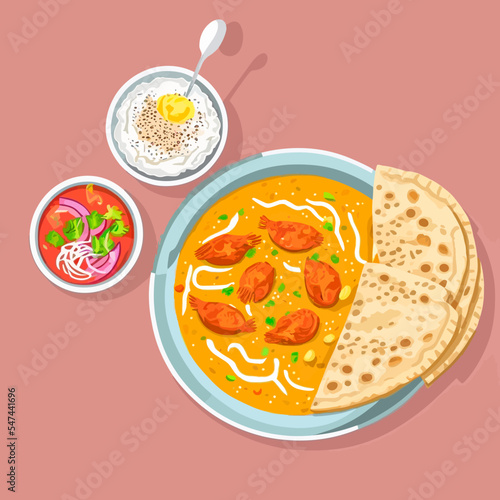 Vector illustration of a bowl with Indian curry with different sauces nearby