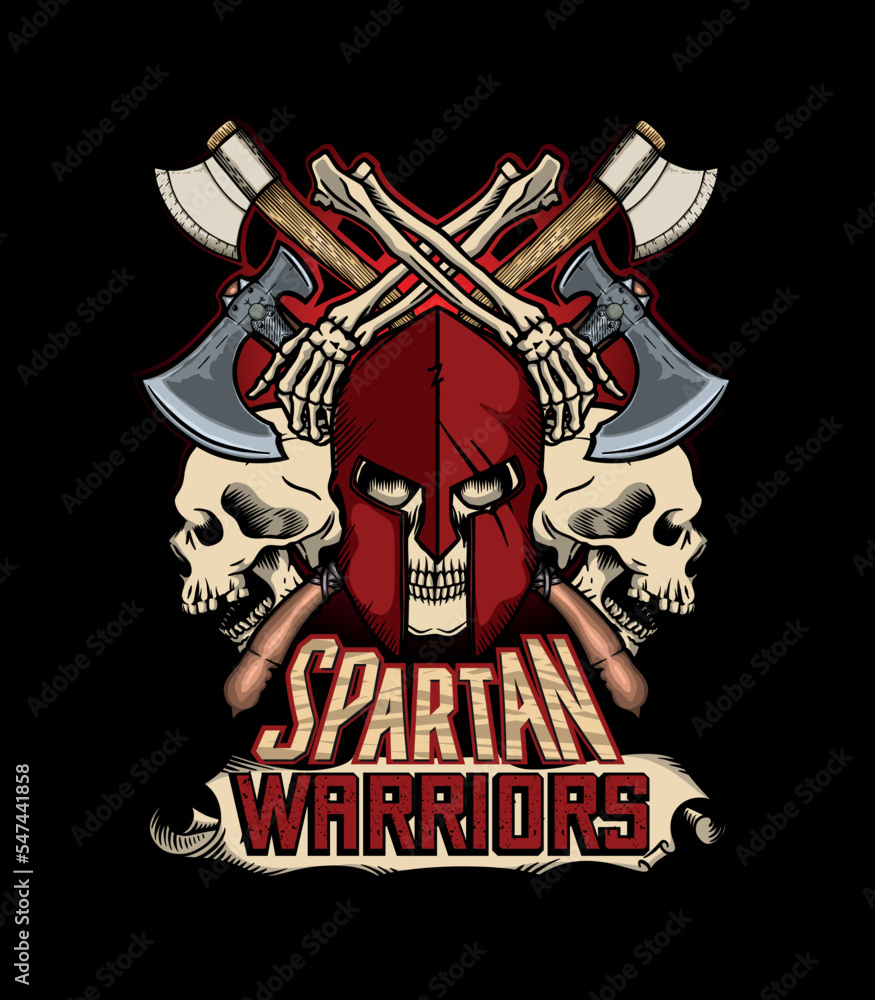 Spartan warriors Skull Head - Skull in armor, fighting axes - T-Shirt design - vector illustration - Black version