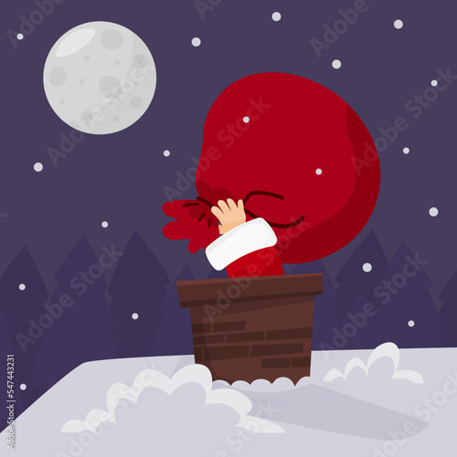 Santa Claus with bag in the chimney on the roof at night. Vector illustration in cartoon style