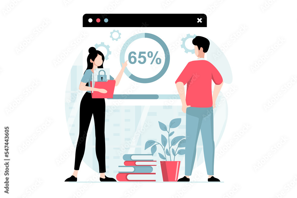 SaaS concept with people scene in flat design. Woman and man work with programs by buying subscription, using cloud storage and data protection. Illustration with character situation for web