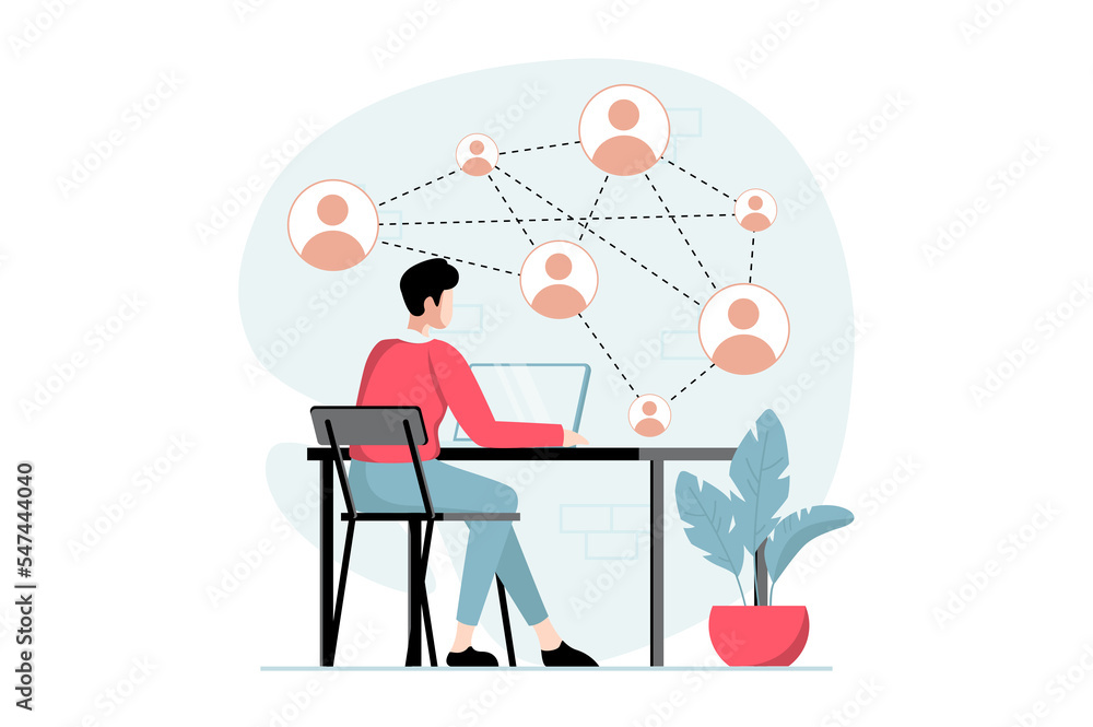 Social network concept with people scene in flat design. Man communicates online with different contacts, chatting with friends from the world. Illustration with character situation for web - obrazy, fototapety, plakaty 