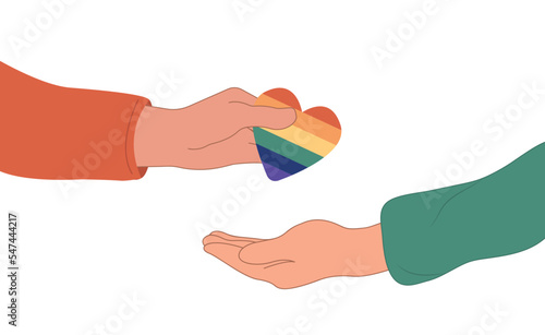 Human hands hand over rainbow heart of transgender and lgbt people during pride month or day celebration or parade.Flat vector illustration