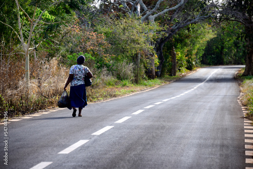 single old woman carrying heavy bags, walking empty road, Pamplemousses district, Mauritius, Africa
