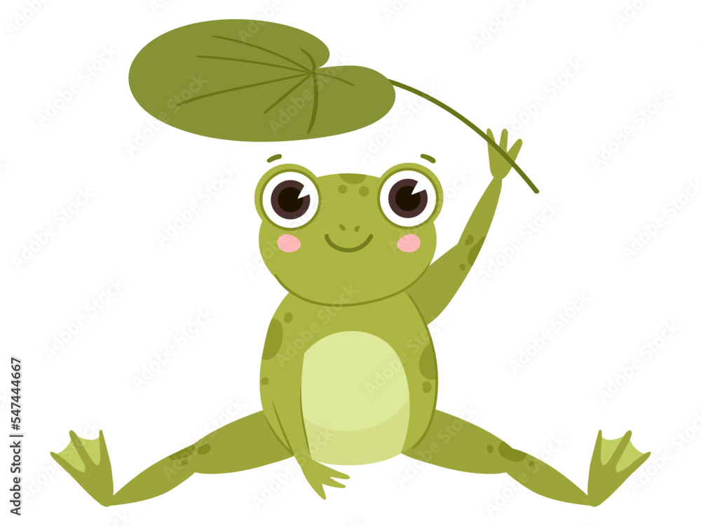 Fototapeta premium Cartoon funny froggy, cute frog sitting under leaf. Green amphibia, kawaii sitting water froglet flat vector illustration on white background