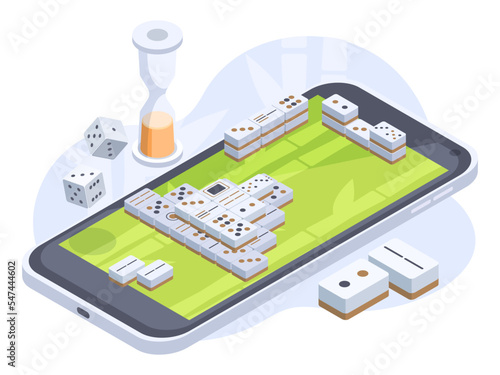 Isometric board game on smartphone screen. Mobile gaming, 3d recreation board game on mobile phone vector illustration collection. Online board game