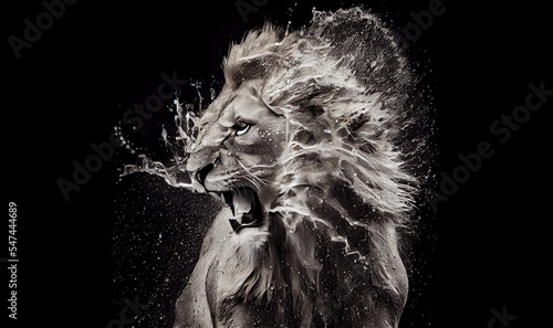 Fotografering Lion shaking off water while hunting. Digital art