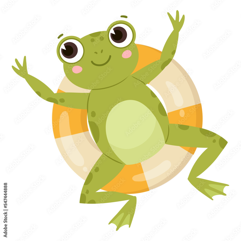 Green amphibia, cartoon cute frog, water animal. Funny froggy floats on ...