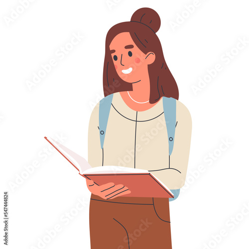College or high school female student. Young woman holding educational literature, young school student isolated flat vector illustration on white background