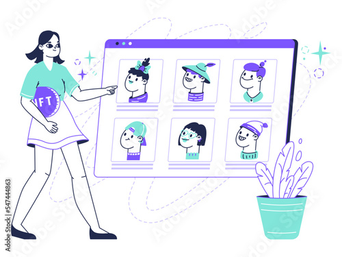 Digital crypto art concept, non fungible token marketplace. Woman selling or buying NFT tokens, exclusive NTF arts flat vector illustration on white background