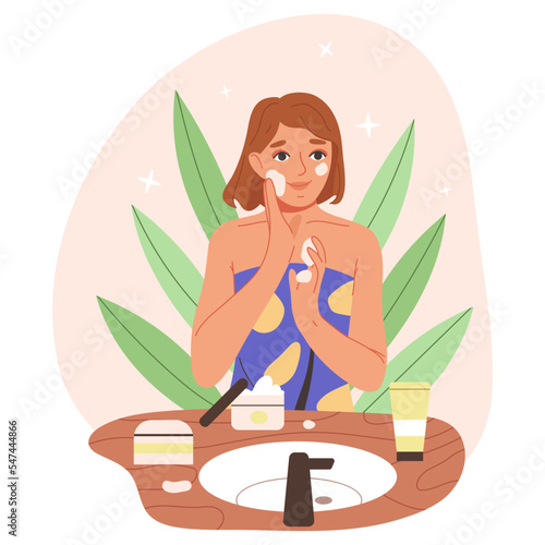 Girl applying facial cleanser, woman skin care routine. Beautiful lady use face scrub or liquid soap, cleansing skin care routine stage flat vector illustration on white background