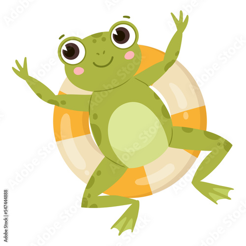 Green amphibia, cartoon cute frog, water animal. Funny froggy floats on inflatable ring, cheerful froglet flat vector illustration on white background