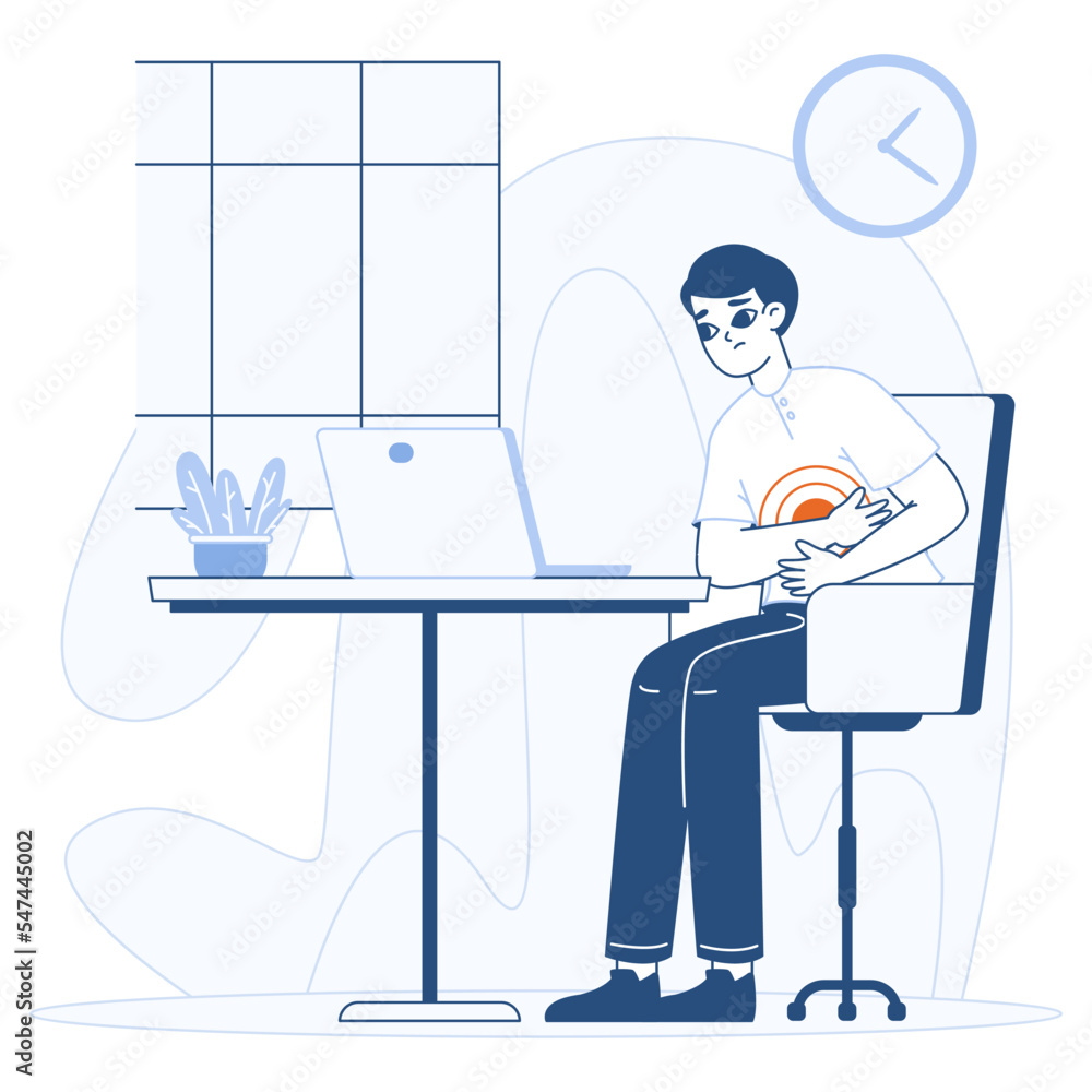 Sick man suffering from stomachache, sick guy in office. Male patient with pain and spasms, unhappy tired person with stomach flu flat vector illustration on white background Sick man suffering from stomachache, sick guy in office. Male patient with pain and spasms, unhappy tired person with stomach flu flat vector illustration on white background