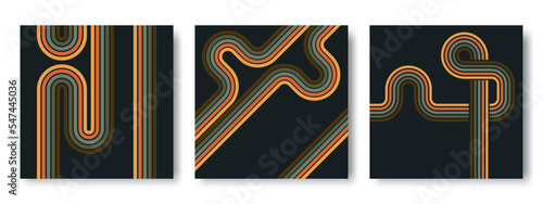 Vintage halftone stripes 70s posters, retro striped pattern. Abstract retro colour covers isolated flat vector illustration set on white background