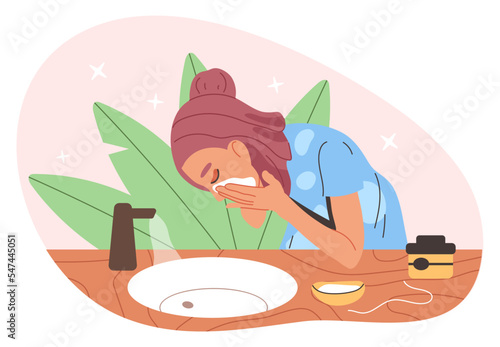 Woman use face facial cleanser, beauty skin care routine. Female character wash her face, washes away liquid soap, skin care routine flat vector illustration on white background