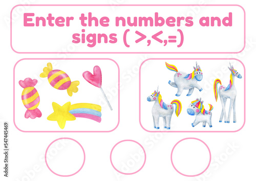 Activity page, sheet for kids. Arithmetic task for comparing numbers. Winter game for teaching a child. Exercise with a snowflake pattern. Counting lesson for preschooler more, less, equal