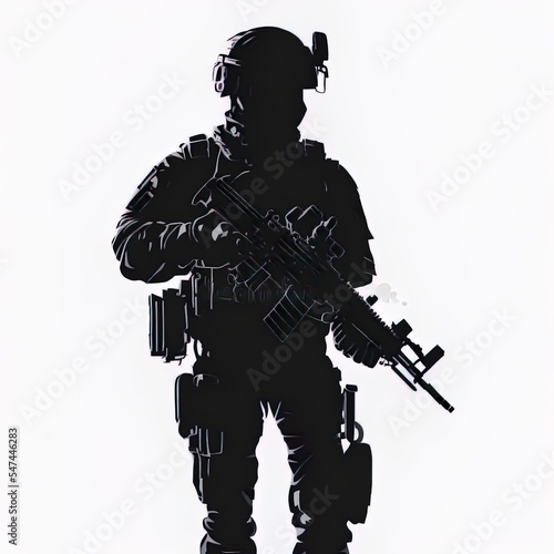 Foto Male soldier standing up and in full equipment and armament, fully automatic machine gun in hand such as the special forces, marines army