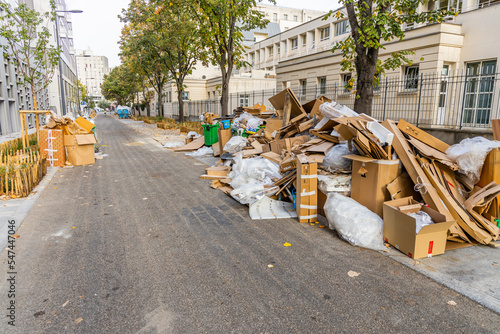 Fototapeta Naklejka Na Ścianę i Meble -  Cartons and garbage in a street during a waste collection service strike in Paris, France