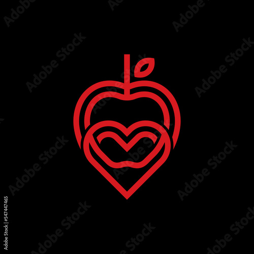 Fruit apple logo with Love, fruit silhouette simple linear geometric shape in minimalist style.