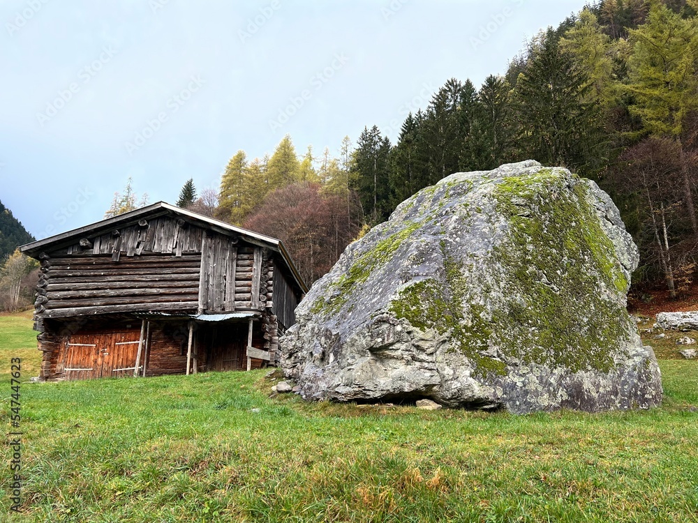Obraz premium Traditional Swiss architecture and wooden alpine houses in the autumn environment of mountain pastures and mixed forests in the Taminatal river valley, Vättis - Canton of St. Gallen, Switzerland