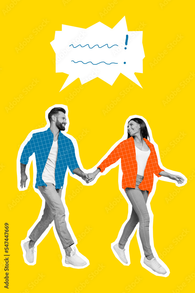 Composite collage image of walking couple marriage talking speech bubble comics cloud have fun communicate dating speaking bonding - obrazy, fototapety, plakaty 