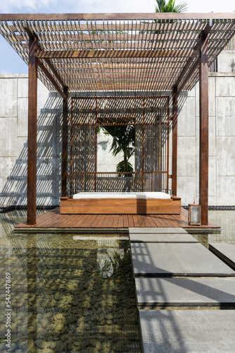 slats roof, architecture construction with sunlight streaming through making beautiful shadow lines.