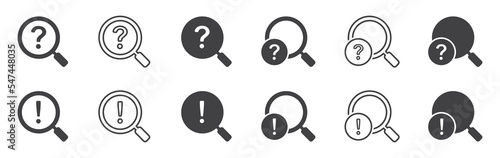 Set of magnifier glass with question signs and exclamation signs. Magnifying glass help symbol, find and help, query. Vector illustration.